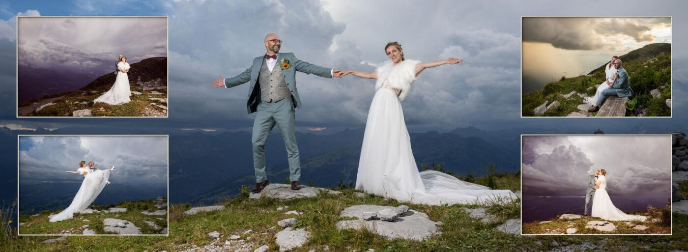 Hochzeitspaar in den Bergen bei dramatischen Wolken