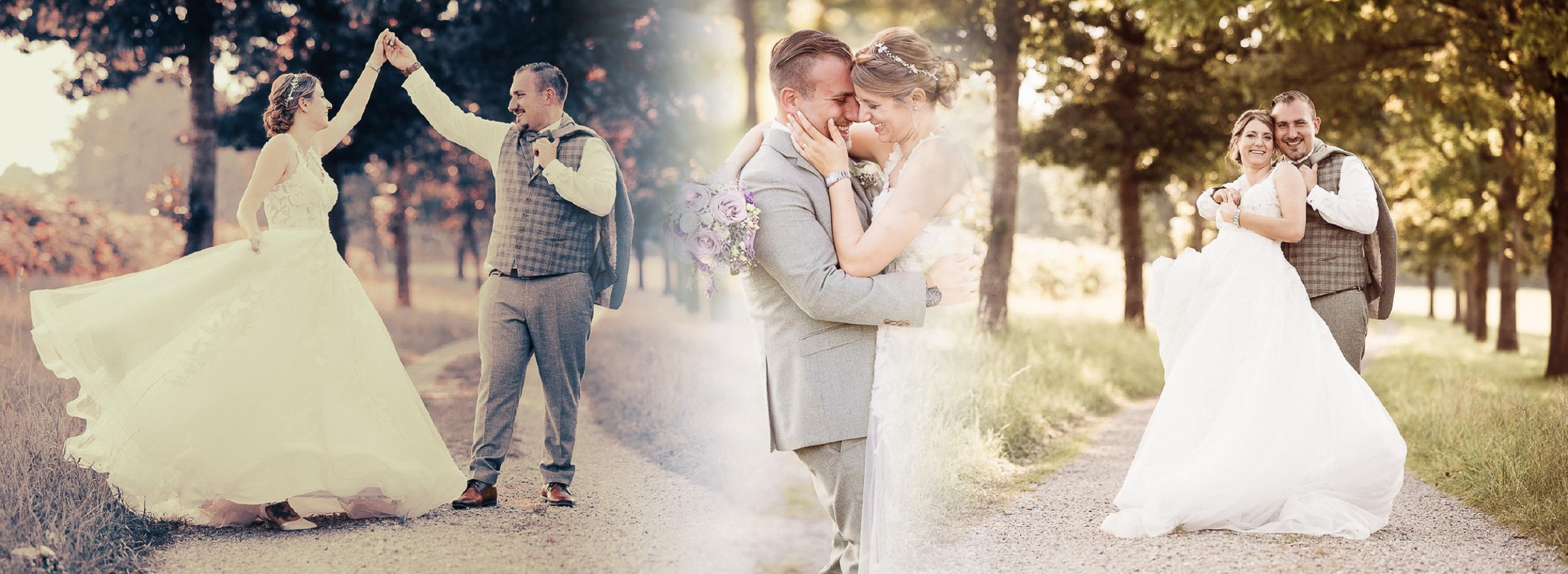 Hochzeitspaar bei einer romantischen Fotosession in einer Allee, verliebt und voller Freude.