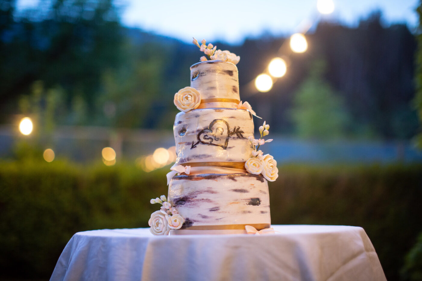 Hochzeitstorte mit romantischem Birkenmuster im Schloss Reichenau.